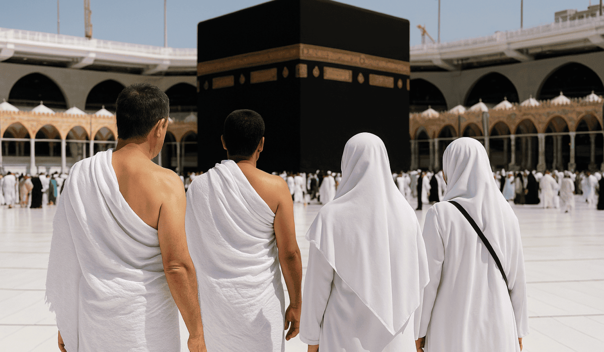 Pilgrims in ihram facing the Kaaba during Umrah — feature image”